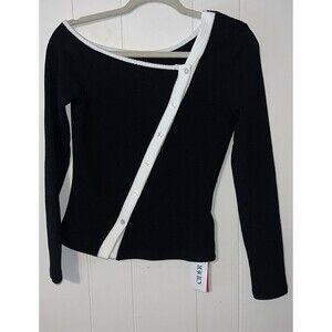 Cider Ribbed Button Up Asymetrical Top Size Small Black with White Accents